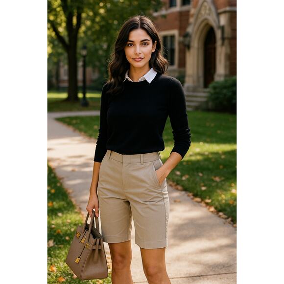 Theory Beige Linen Mid-Rise Bermuda Shorts 2 Clean Girl Minimal Academia Fall - Picture 1 of 7